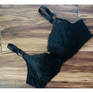 Body Form Bra Sz 40D Black Floral Lace Overlay Mesh Band Underwire Full Coverage